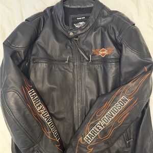 Harley-Davidson Black and Orange Leather Bomber Jacket